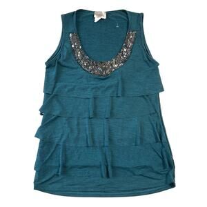 Lavish Women Tank Top S Teal Beaded Sequin Layered RoundNeck Pullover Sleeveless